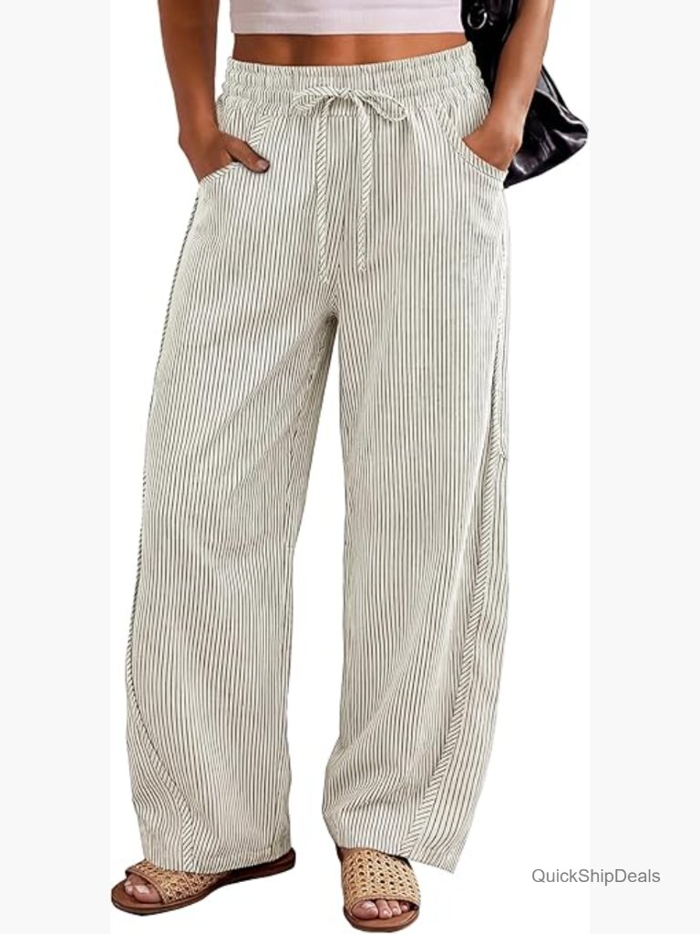 Women's Striped Barrel Casual Pants Elastic Drawstring Baggy Wide Leg Trousers